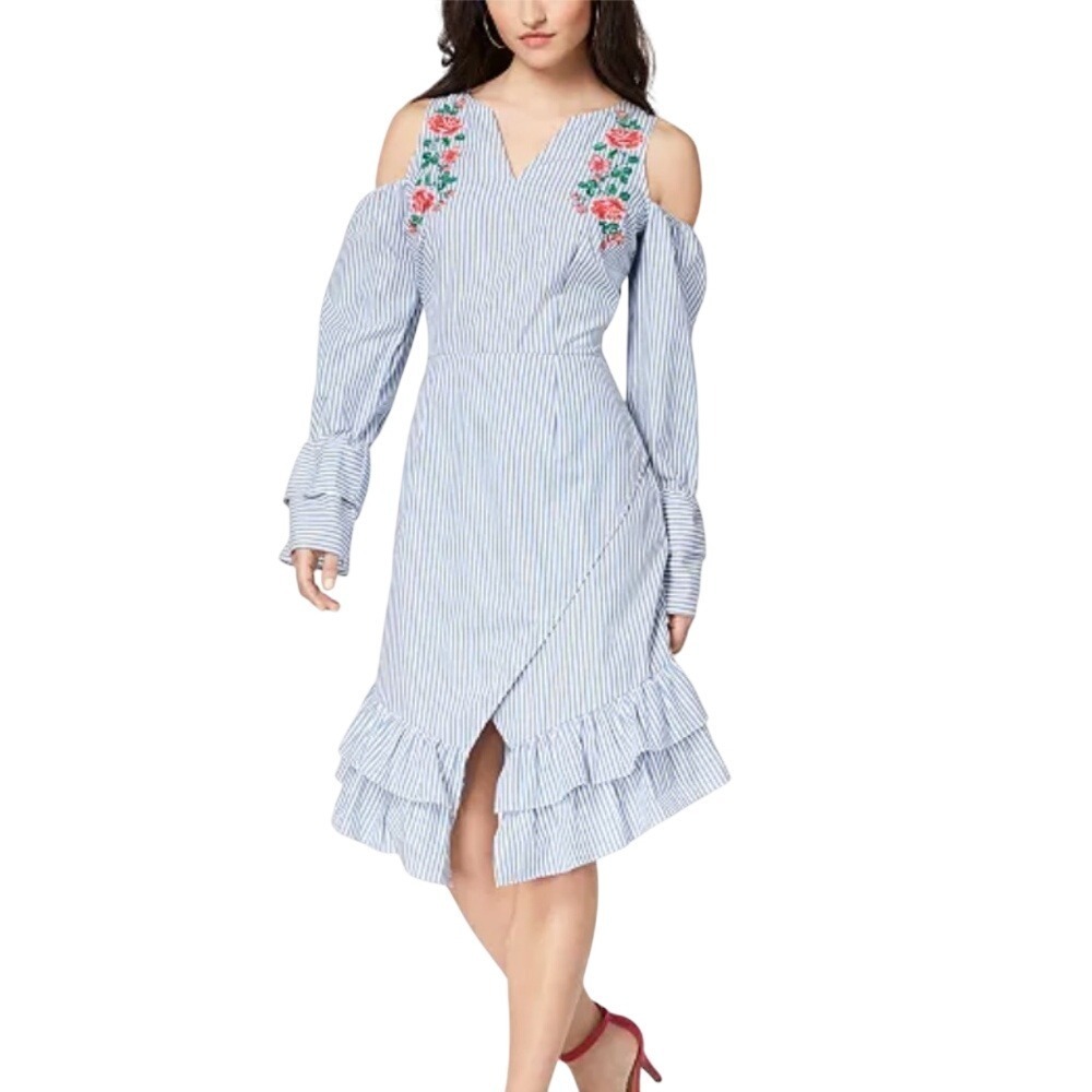 XOXO Cold Shoulder Dress Womens L Blue White‎ Striped Floral Embroidered